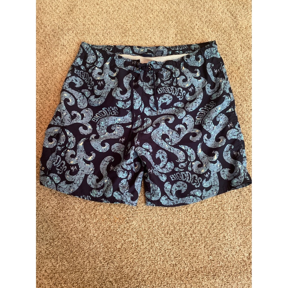 Big Dogs Mens Swim Trunks XL Blue Waves Logo Print Mesh Lined Board Shorts 7"